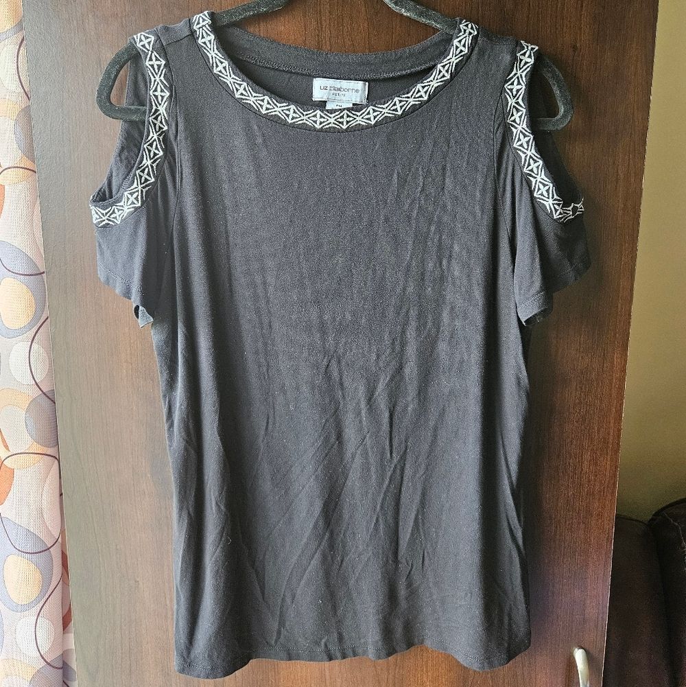 Liz Claiborne Petite Black Cold Shoulder Top with Embroidered Trim Size Medium